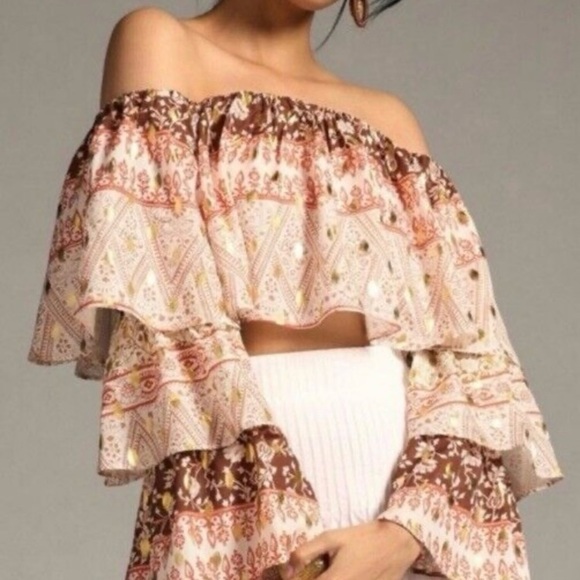 Anthropologie Pink and Cream Off-the-Shoulder Crop Blouse - Picture 1 of 11